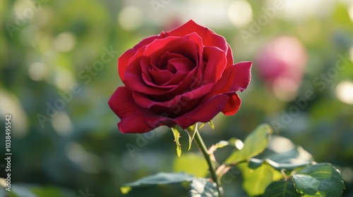A close-up of a single red rose in full bloom, with delicate petals unfolding beautifully.