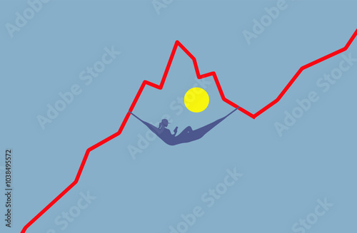 An investor, a woman, rests comfortably in her hammock suspended on an upward trending stock market chart. 