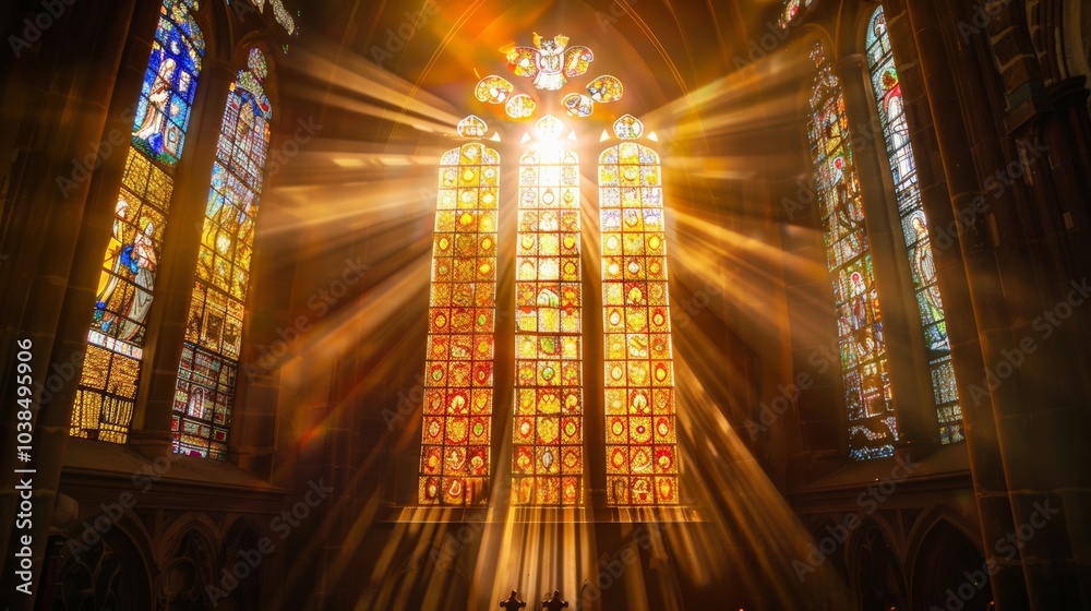 Obraz premium Sun rays shining through a stained glass window in a church