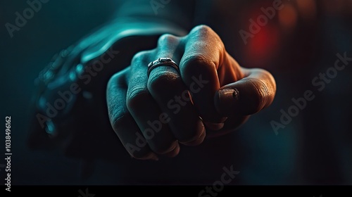 A hand with a ring displaying a middle finger gesture in a soft, moody light, emphasizing elegance and attitude. photo