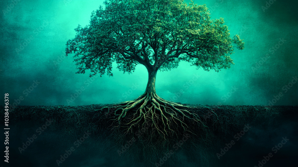 A large tree with exposed roots stands against a misty green backdrop. A large tree with exposed roots stands against a misty green backdrop.