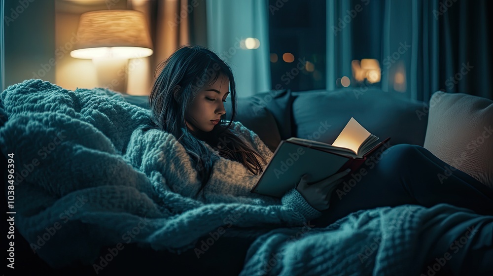 A girl curled up on a couch with a book, lost in thought, surrounded by soft blankets and dim light. A girl curled up on a couch with a book, lost in thought, surrounded by soft blankets and dim light.