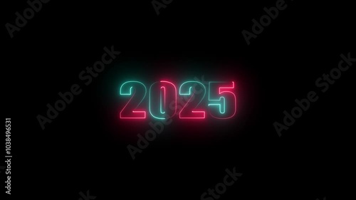 2025 neon glowing text, happy new year 2025,glowing neon congratulation Happy new year celebration. isolated on black background 4k motion video.