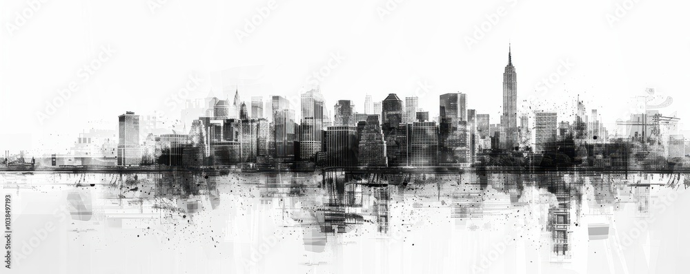 Hand-drawn abstract cityscape in black and white, urban design, artistic metropolis