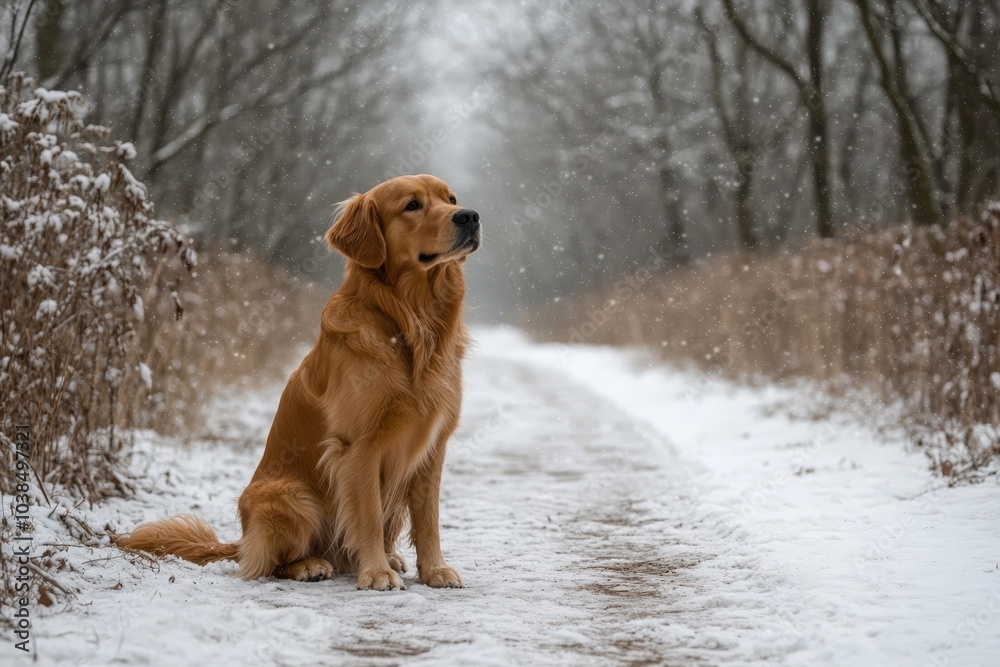 golden retriever dog sitting in snowy forest golden retriever dog sitting in snowy forest
