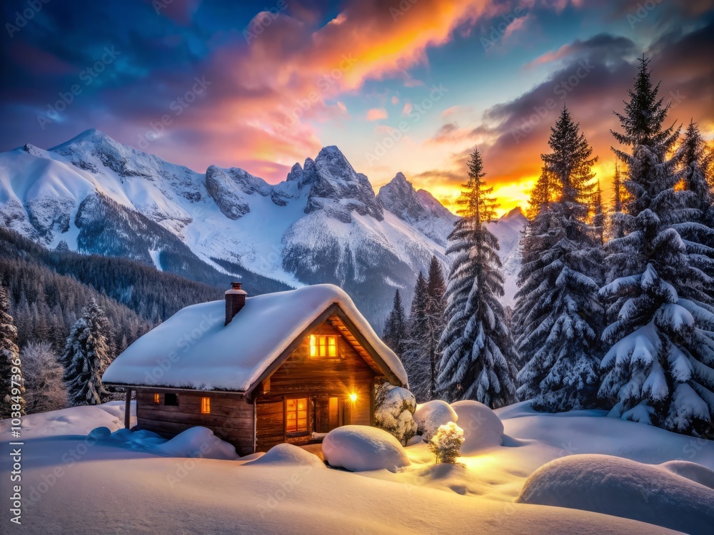 Naklejka premium Charming winter cabin nestled in a snowy mountain setting, captured in long exposure. A serene and tranquil retreat in a picturesque winter wonderland.