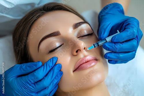 Woman in a beauty salon receiving facial beauty injections, highlighting non-invasive cosmetic procedures for skin rejuvenation and anti-agin