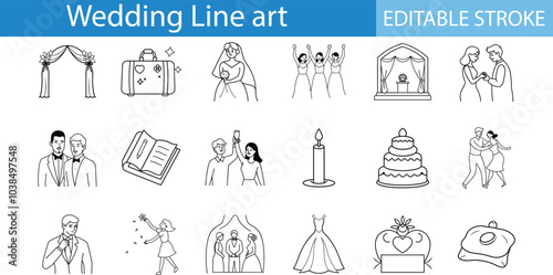 Wedding Line Art Icons Set Editable Stroke