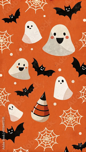 halloween pattern with pumpkins Cute Halloween ghost and bat pattern with candy corn and stars on orange background, 할로윈 유령과 박쥐, 캔디콘 및 별이 그려진 귀여운 오렌지 패턴 