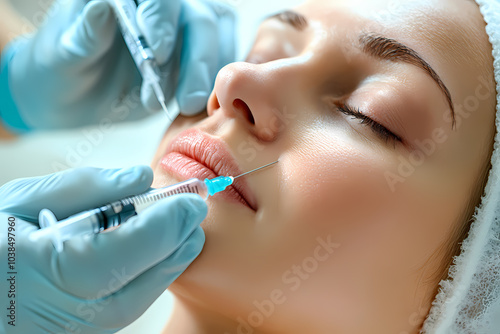 Woman in a beauty salon receiving facial beauty injections, highlighting non-invasive cosmetic procedures for skin rejuvenation and anti-agin