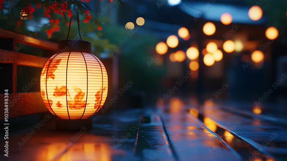 A vibrant lantern glows amidst atmospheric street lights illuminating the rainy path in a serene urban setting A vibrant lantern glows amidst atmospheric street lights illuminating the rainy path in a serene urban setting