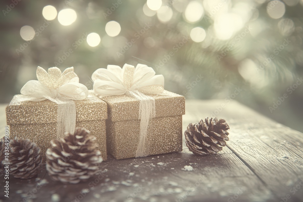Sparkling gold gift boxes with flowers and pine cones on wooden table Sparkling gold gift boxes with flowers and pine cones on wooden table