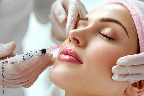 Woman in a beauty salon receiving facial beauty injections, highlighting non-invasive cosmetic procedures for skin rejuvenation and anti-agin