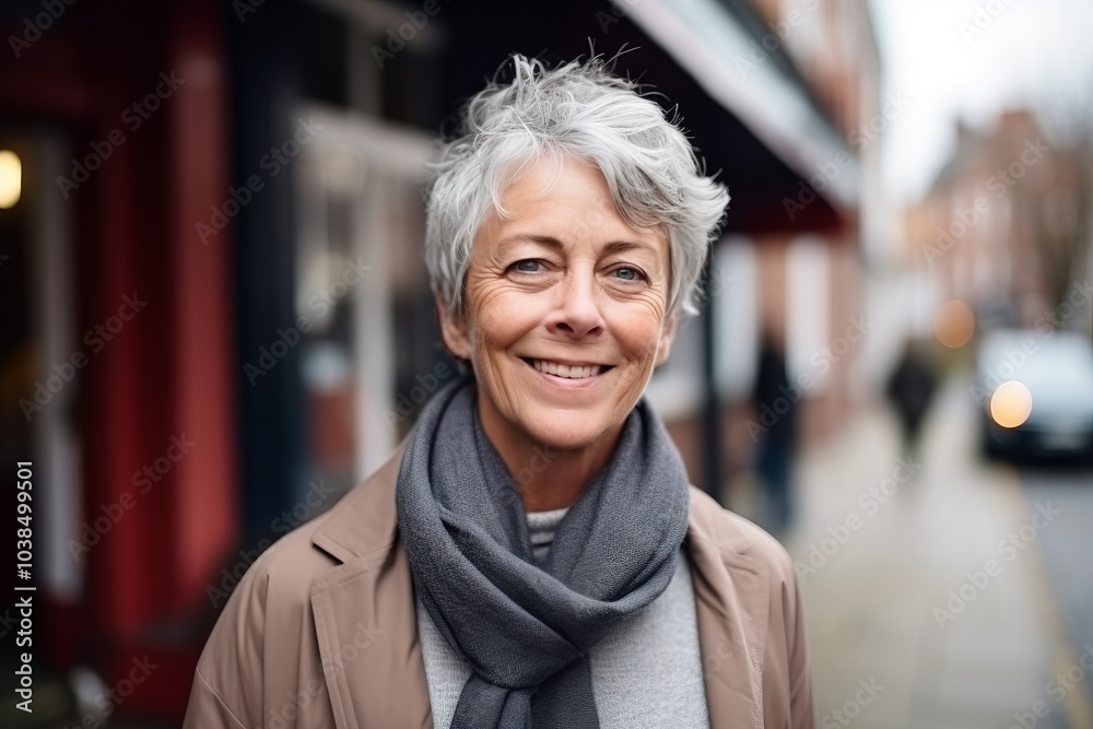 Portrait of a smiling senior woman in the city on a cold winter day Portrait of a smiling senior woman in the city on a cold winter day