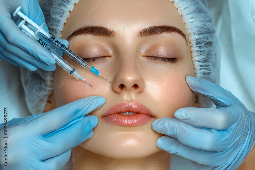 Woman in a beauty salon receiving facial beauty injections, highlighting non-invasive cosmetic procedures for skin rejuvenation and anti-agin Woman in a beauty salon receiving facial beauty injections, highlighting non-invasive cosmetic procedures for skin rejuvenation and anti-agin