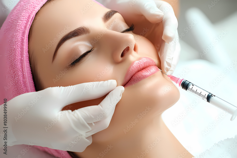 Woman in a beauty salon receiving facial beauty injections, highlighting non-invasive cosmetic procedures for skin rejuvenation and anti-agin Woman in a beauty salon receiving facial beauty injections, highlighting non-invasive cosmetic procedures for skin rejuvenation and anti-agin