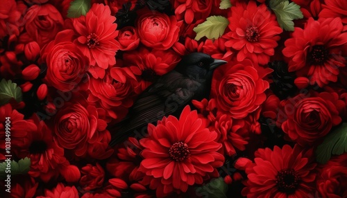 A vibrant display of red flowers with a dark bird nestled among them.