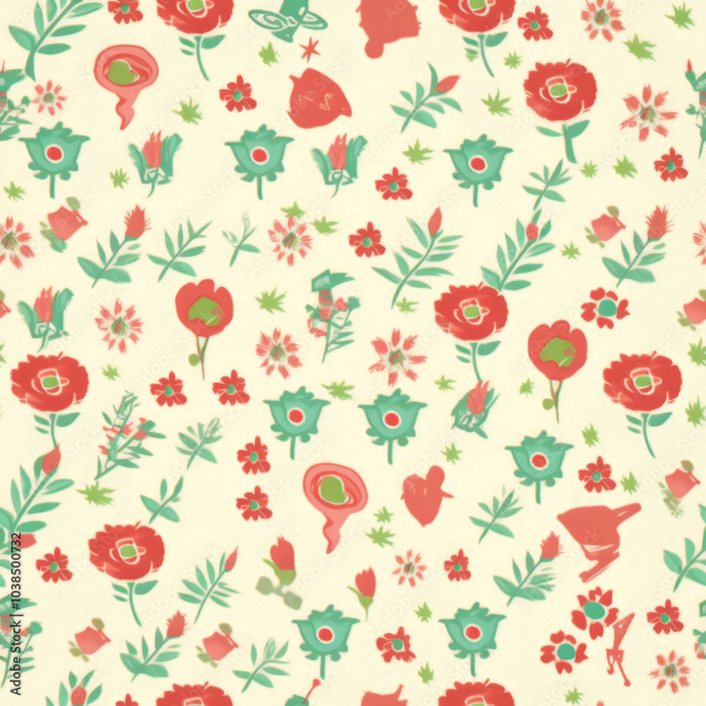 A seamless pattern of red and green flowers on a light background. A seamless pattern of red and green flowers on a light background.