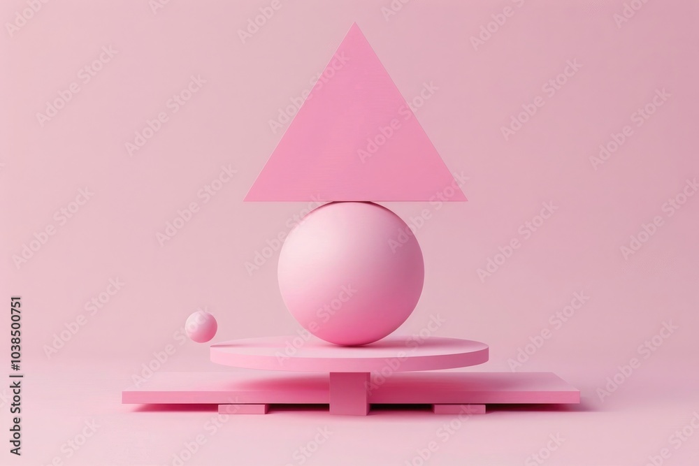 3D rendering of a minimal pink background with a triangle and sphere object balanced on the top 3D rendering of a minimal pink background with a triangle and sphere object balanced on the top