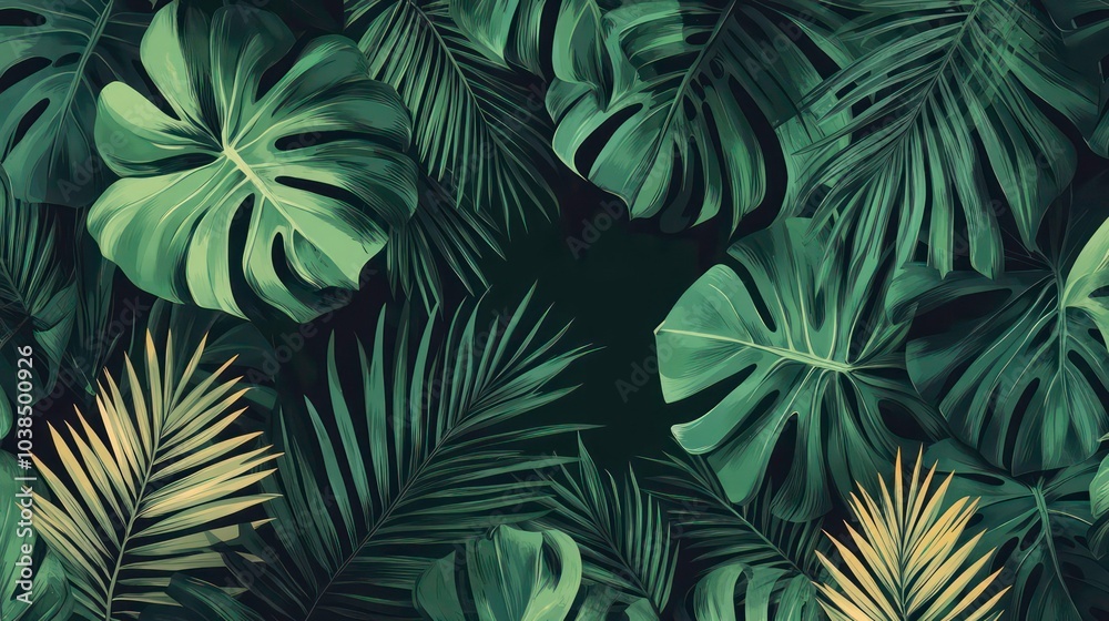 Fototapeta premium Lush tropical leaves in various shades of green and yellow create a vibrant, textured background.