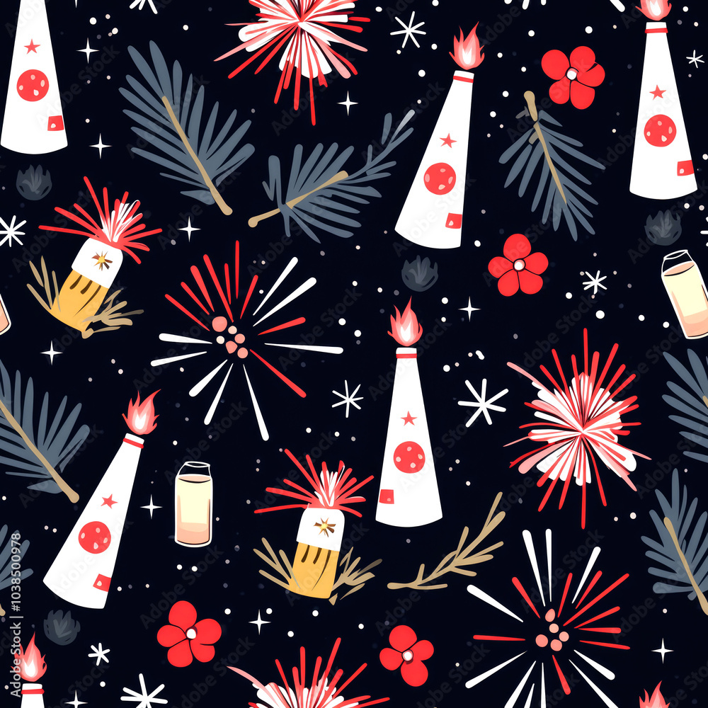 A seamless pattern with red and white firecrackers, candles, and pine branches on a dark blue background. A seamless pattern with red and white firecrackers, candles, and pine branches on a dark blue background.