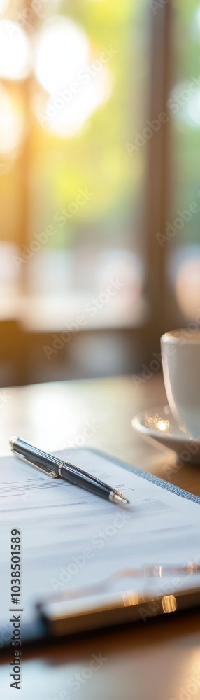 Close-up of pen and notepad with coffee cup on a wooden table, soft background. Close-up of pen and notepad with coffee cup on a wooden table, soft background.