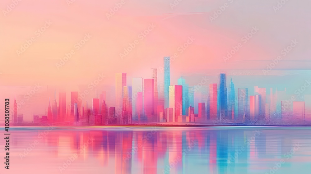 Fototapeta premium Hand-painted abstract cityscapes in pastel hues, urban design, serene metropolis