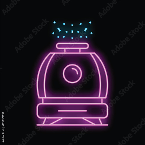 Neon sign representing a modern train, with its shining lights, on a dark background, perfect for transportation concepts