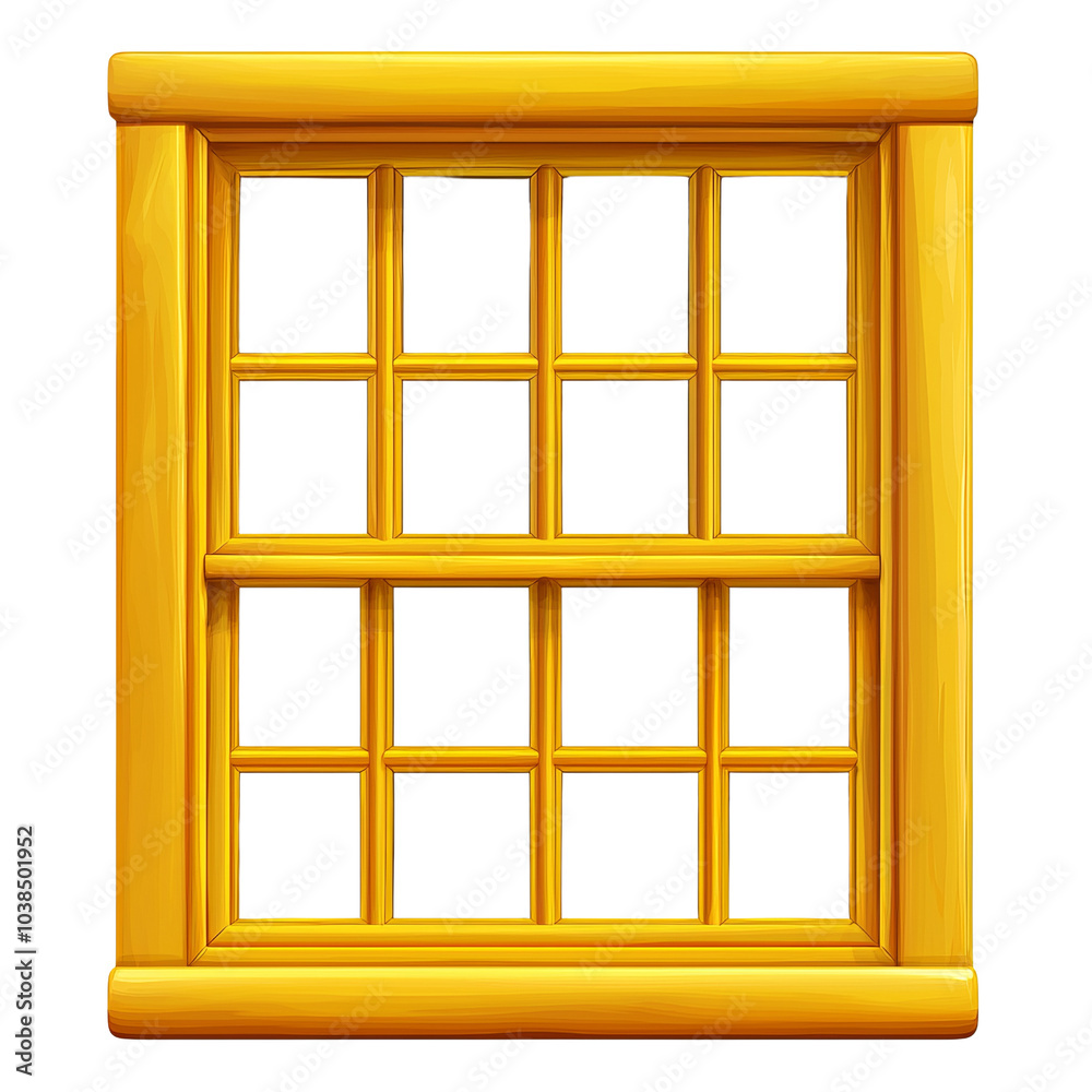 Yellow window frame with multiple panes.