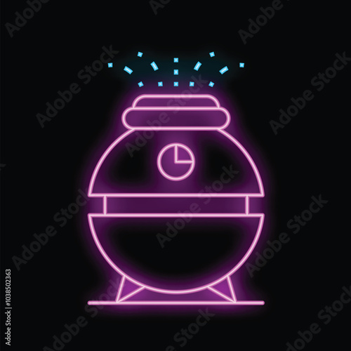 Neon icon of a smart humidifier diffusing water droplets into the air, on a black background