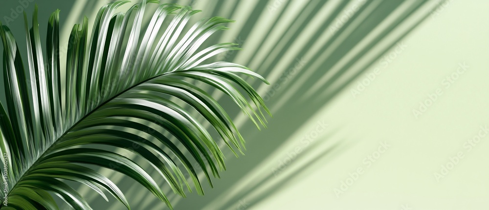Fototapeta premium Lush green palm leaves casting beautiful shadows on a soft, light green background, creating a serene and tropical atmosphere.