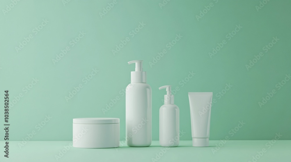 Assorted white cosmetic containers arranged on a mint green background, ideal for skincare and beauty product presentations. Assorted white cosmetic containers arranged on a mint green background, ideal for skincare and beauty product presentations.
