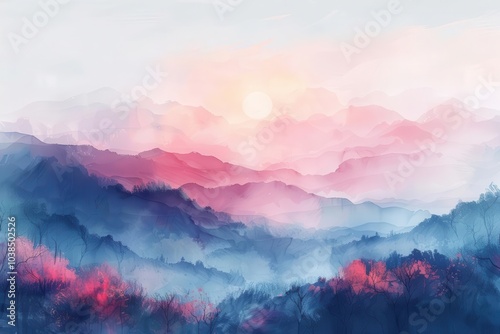 Hand-painted abstract landscapes in soft hues, artistic design, serene scenery photo