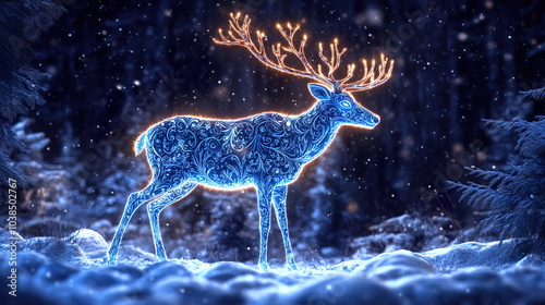 Glowing deer with intricate patterns stands in snowy forest, illuminated by magical lights.