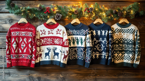 Festive knitted sweaters with holiday patterns hang on wooden wall, adorned with pine garlands and warm lights