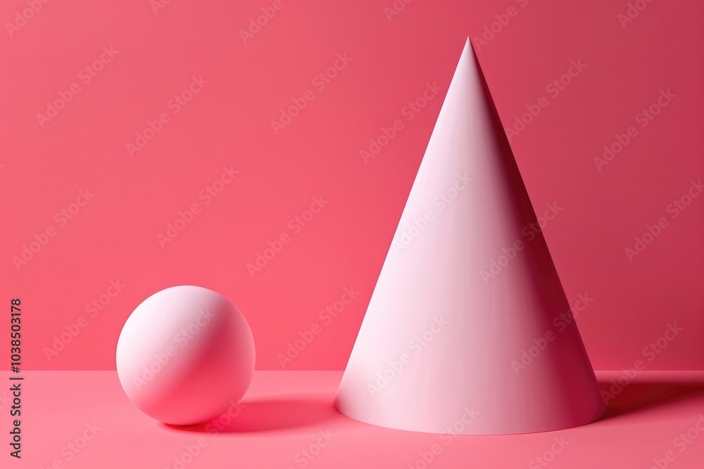 3D rendering of a simple geometric shape, a cone with a sphere, on a pink background 3D rendering of a simple geometric shape, a cone with a sphere, on a pink background