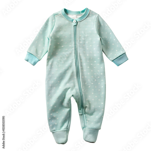 Close-up of a baby sleeper suit with zippered front, neatly folded, green color isolated on a transparent background photo