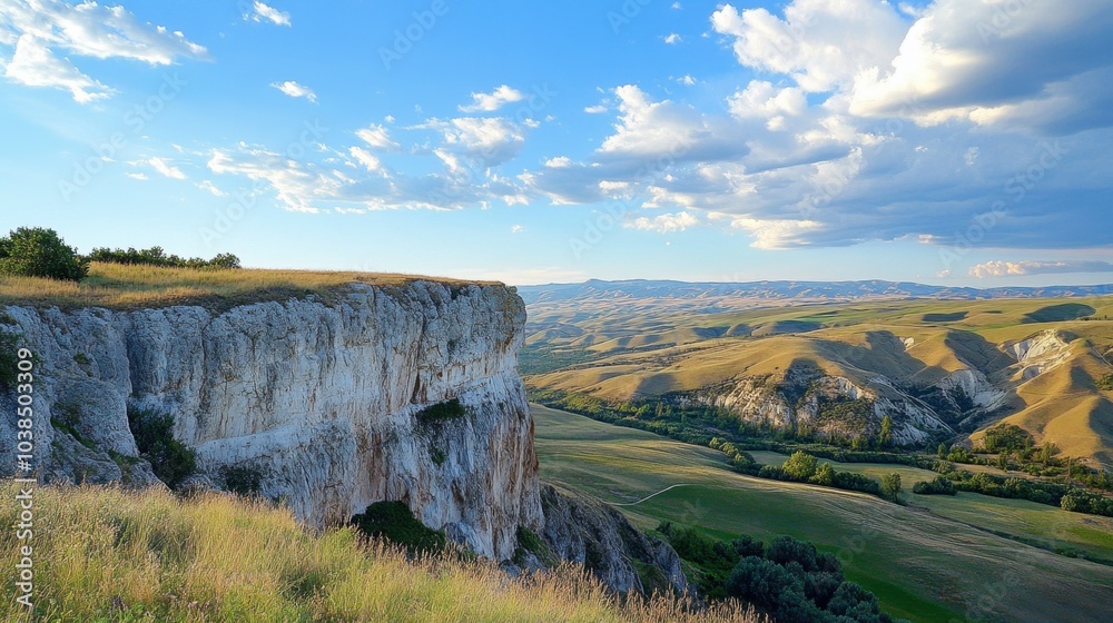 Obraz premium A panoramic view of a high cliff surrounded by rolling hills and a deep blue sky.