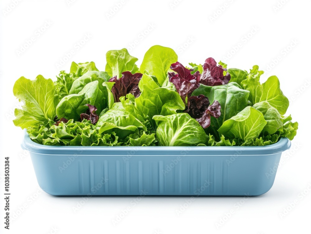 Fresh, vibrant lettuce in a blue container on a white background, showcasing a variety of leafy greens. Fresh, vibrant lettuce in a blue container on a white background, showcasing a variety of leafy greens.
