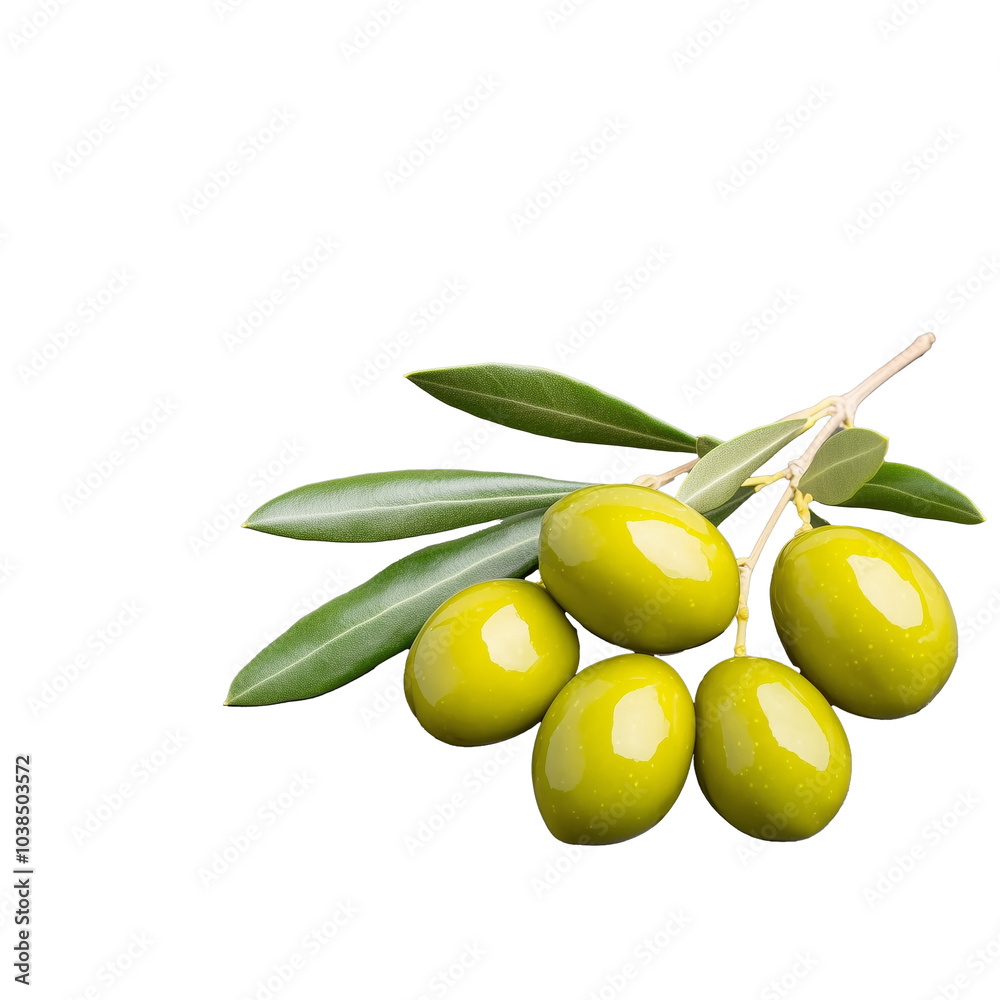 Fresh green olives with leaves on transparent background