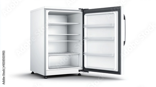 Open white refrigerator with shelves, showcasing modern kitchen appliance design against white background.