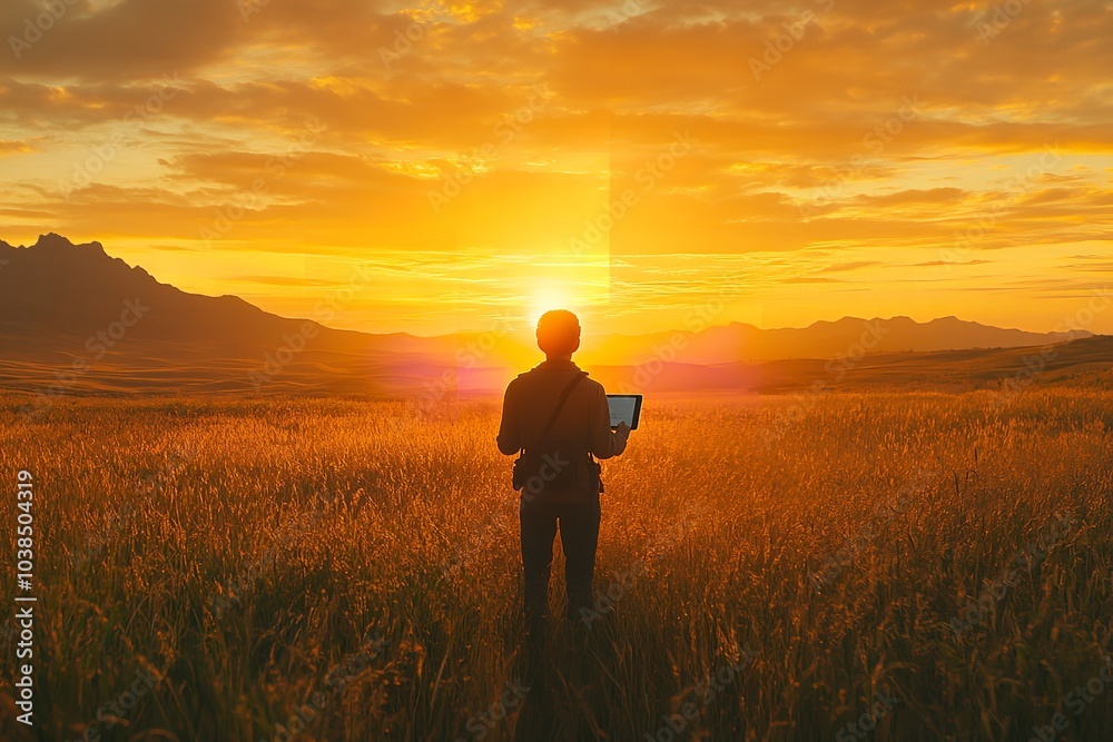 A person with a tablet in hand stands in a large field. Generative Ai A person with a tablet in hand stands in a large field. Generative Ai