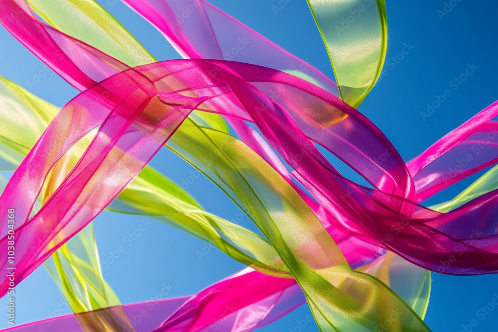 Colorful ribbons twisting and intertwining, shifting from hot pink to lime green and sky blue. Colorful ribbons twisting and intertwining, shifting from hot pink to lime green and sky blue.