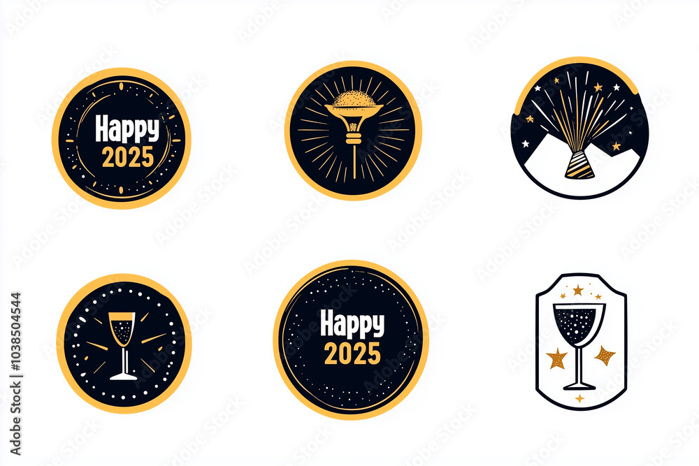 Naklejka premium a set of 8 minimalistic New Year’s stickers, featuring clean, modern icons that represent New Year's traditions. Include a sleek clock at midnight, a simple champagne glass, a minimalistic party hat