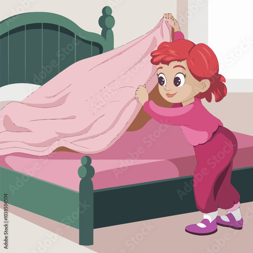 A girl happily making her bed with neat sheets.
