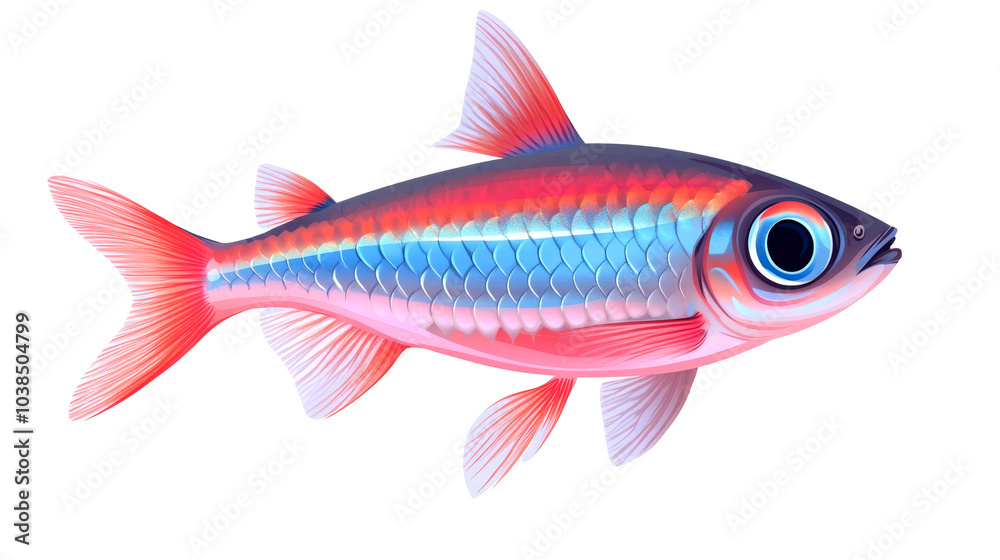 A vibrant red and blue fish with a large eye, isolated on a white background. A vibrant red and blue fish with a large eye, isolated on a white background.