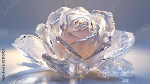 Fototapeta Naklejka Na Ścianę i Meble -  An frozen rose that has bloomed from ice, its bud standing on a snowy plain, a rose made of pure ice shaped by the frigid weather.