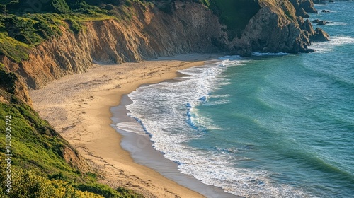 Wallpaper Mural A secluded beach nestled at the base of a high cliff, with waves gently lapping the shore. Torontodigital.ca