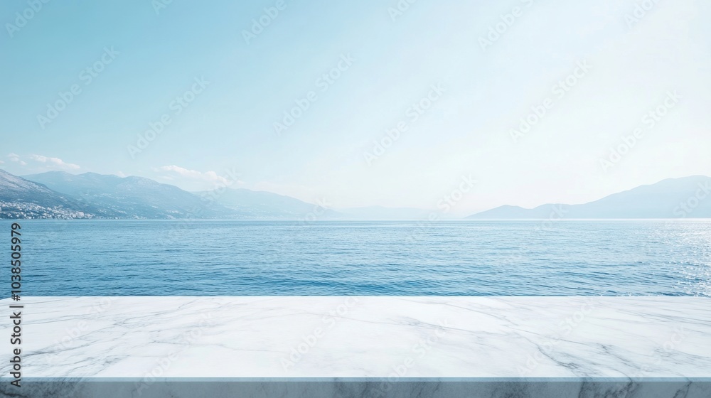 A clean white marble table, stunning blue sea view in the background, clear skies for product presentation. A clean white marble table, stunning blue sea view in the background, clear skies for product presentation.