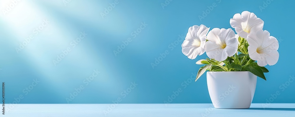 A beautiful white petunia flower pot against a serene blue background, showcasing elegance and freshness. A beautiful white petunia flower pot against a serene blue background, showcasing elegance and freshness.